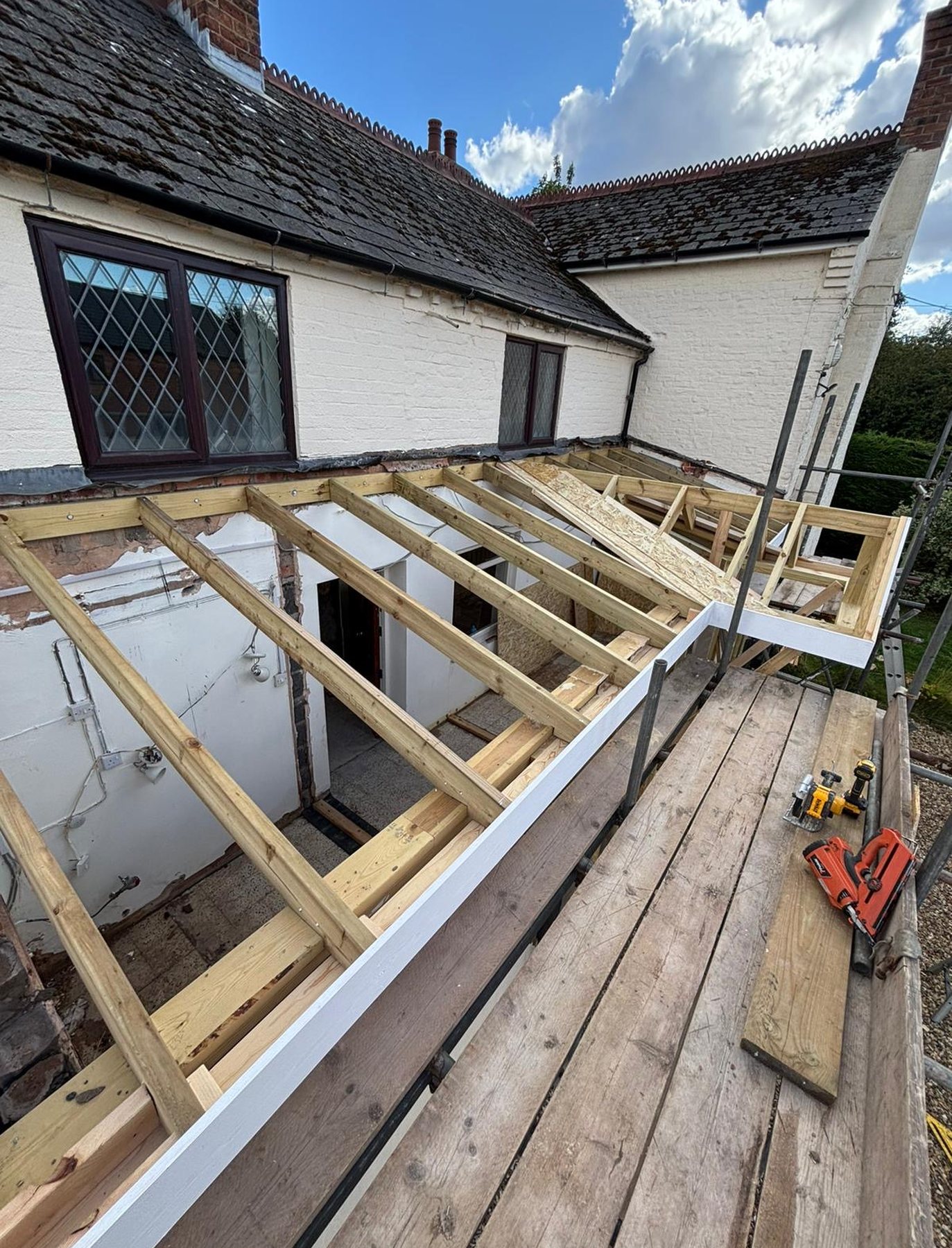 Rear house extension timber frame under construction