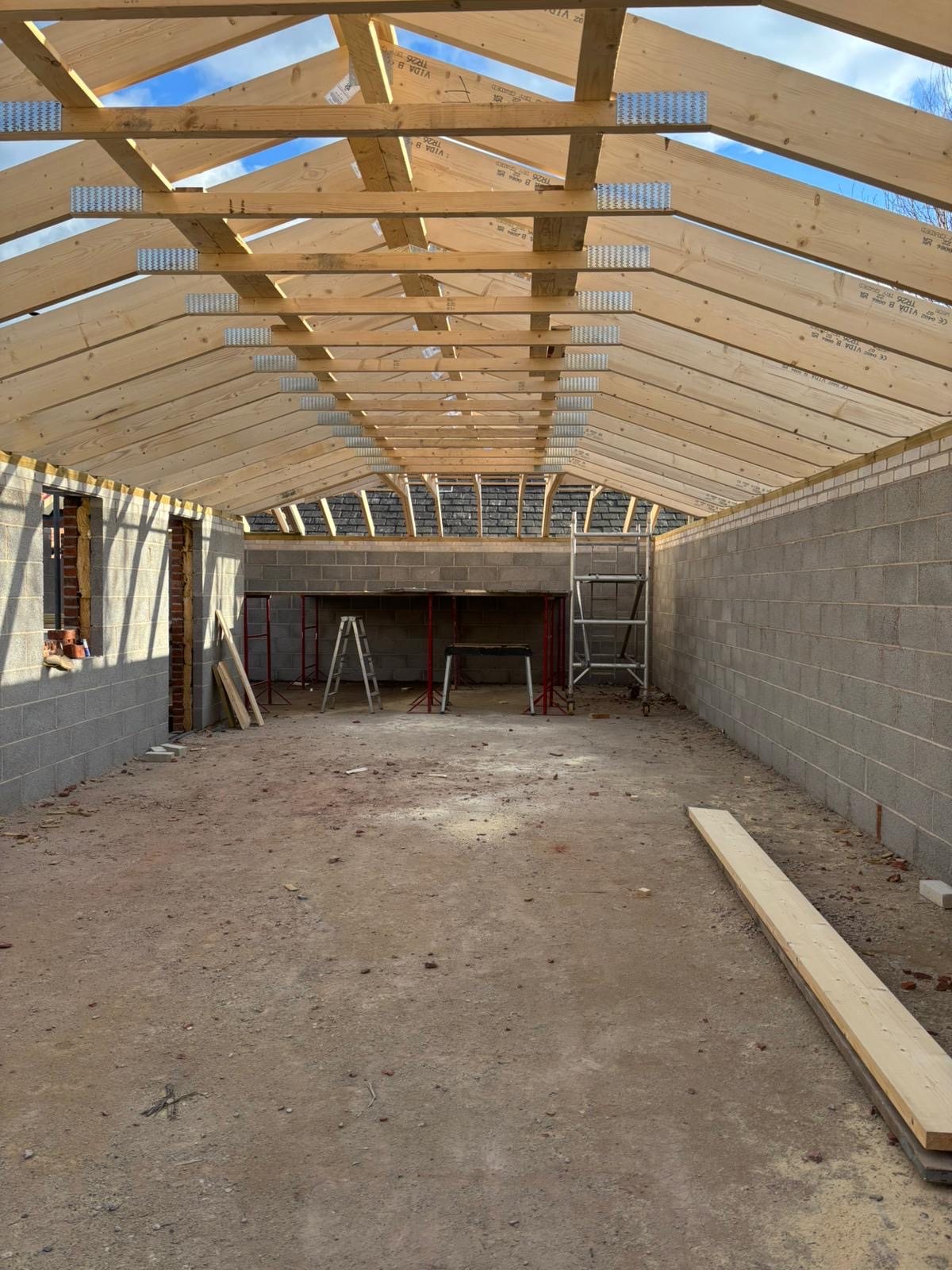 Vaulted timber roof structure framed inside a garden room